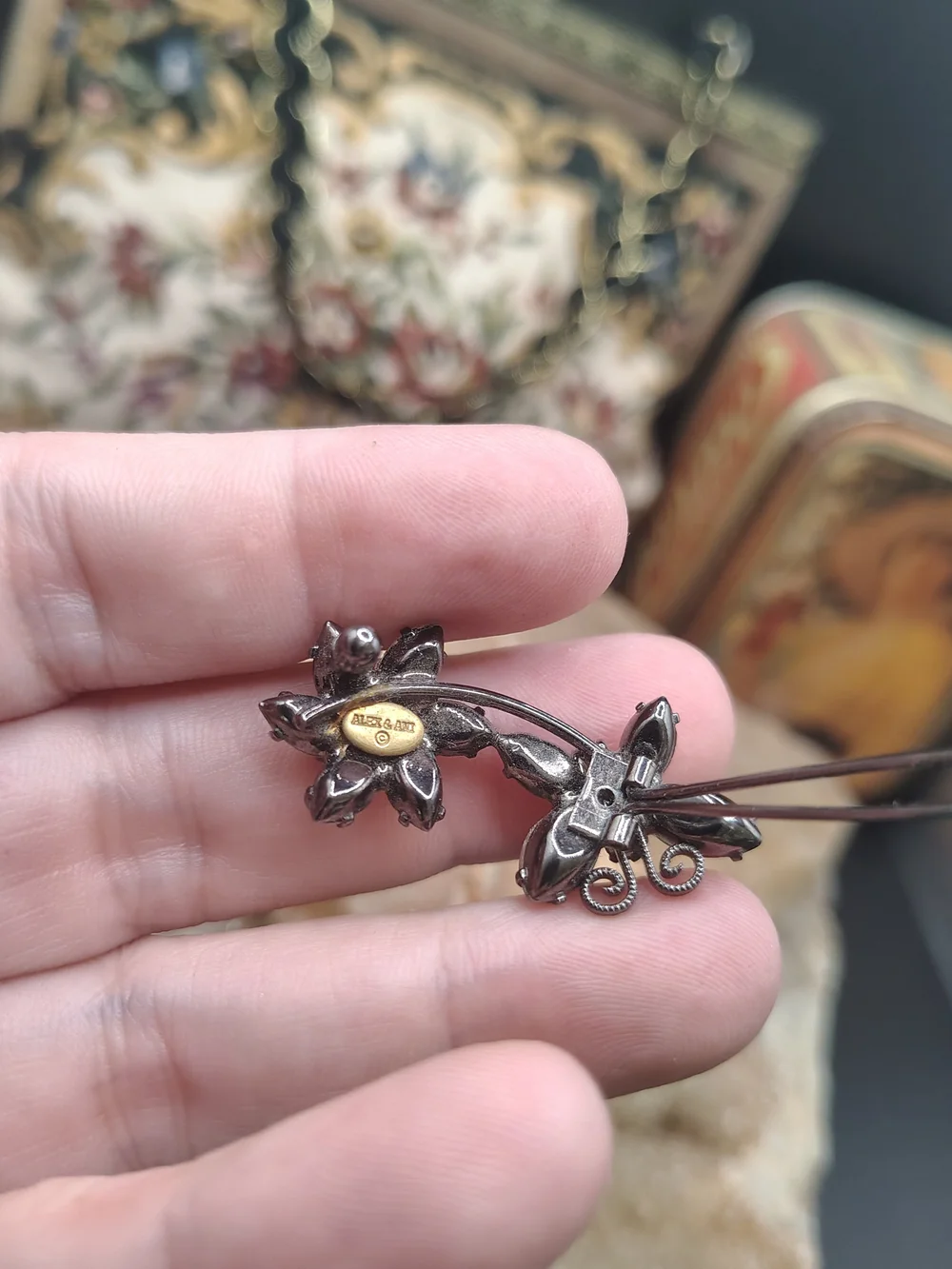 Rare Vintage Alex and Ani Crystal Flower Butterfly Hair Clip Silvertone